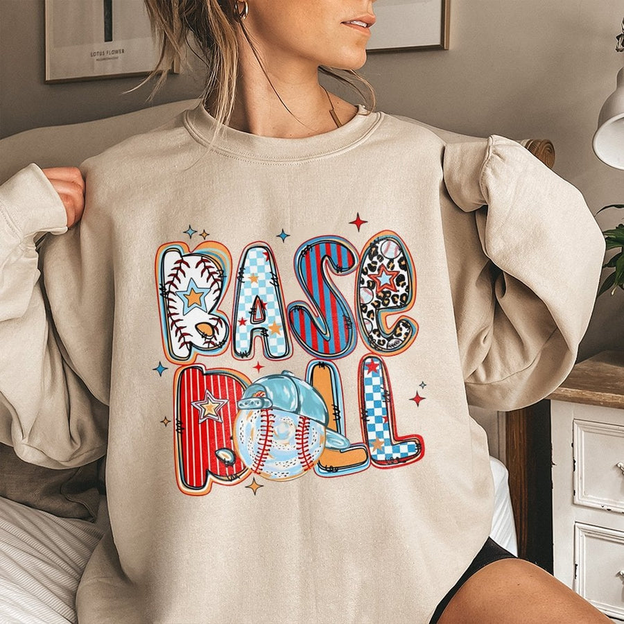Baseball Sweatshirt | Retro Checkered Leopard Print Design | Premium Cotton Blend | Gift for Baseball Mom and Game Day Fans