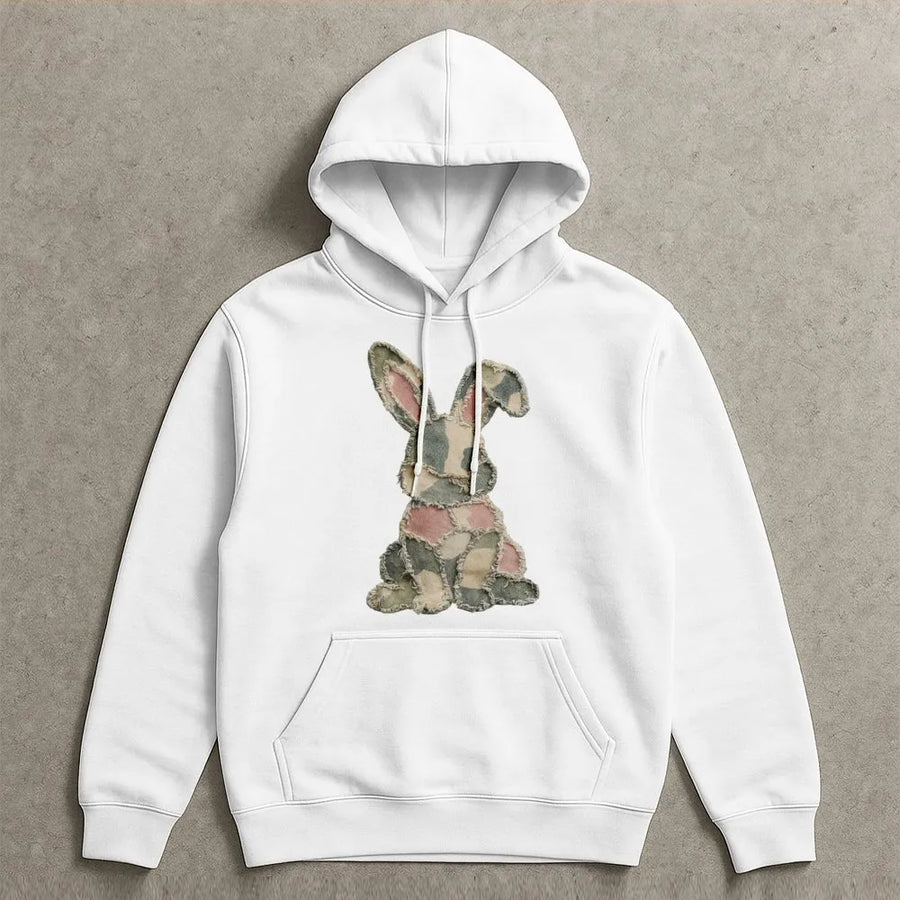 Camo Patchwork Bunny Hoodie | Distressed Rabbit Graphic Print | Premium Cotton-Poly Blend | Cute Easter Sweatshirt Gift for Women and Men