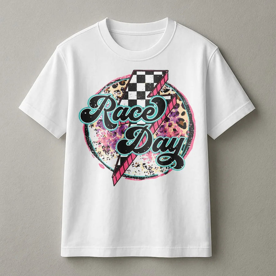 Race Day T-Shirt | Retro Leopard Print & Checkered Lightning Graphic | Soft 100% Cotton Tee | Motorsport Fan Gift for Women