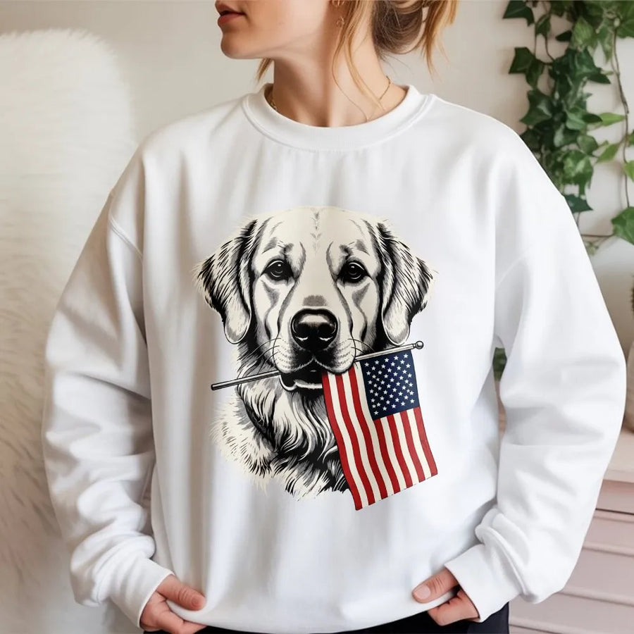 Patriotic Dog Sweatshirt | Golden Retriever with American Flag Graphic | Premium Cotton Blend | 4th of July Gift for Dog Lovers