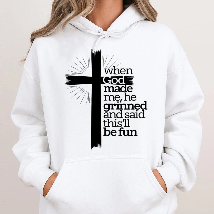 Christian Hoodie | When God Made Me He Grinned Quote | Premium Cotton Blend | Inspirational Religious Gift for Men and Women