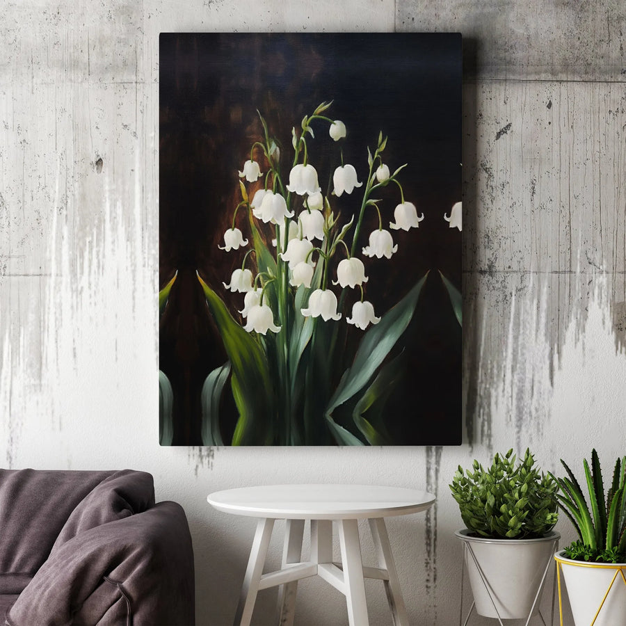 Lily Of The Valley Wall Art | Dark Botanical Still Life Canvas | Premium Fade-Resistant Print | Elegant Floral Home Decor Gift