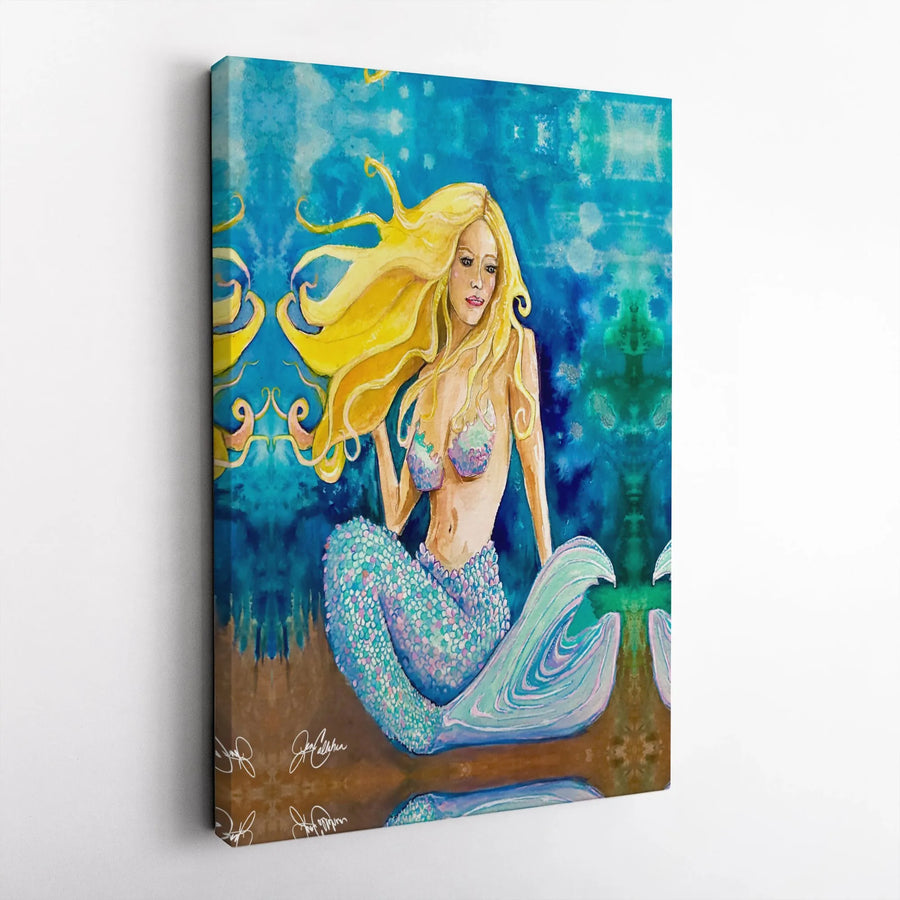 Blonde Mermaid Wall Art Canvas | Enchanting Underwater Watercolor Print | Gallery-Wrapped Premium Decor | Whimsical Ocean Theme Gift