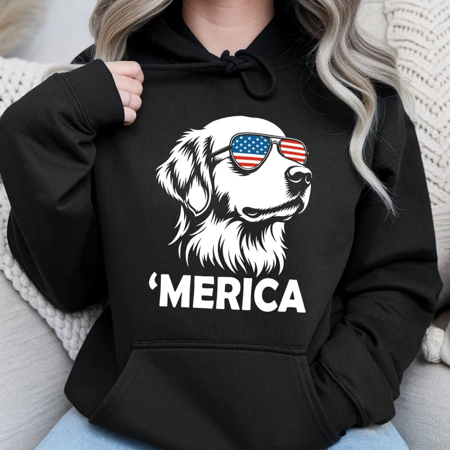 Patriotic Golden Retriever Hoodie | Dog with American Flag Sunglasses | Cozy Cotton Blend | Funny 4th of July Gift for Dog Lovers