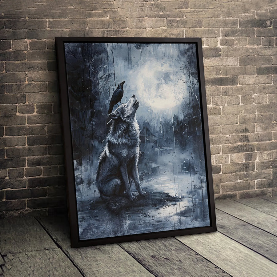 Wolf Howling At Moon Canvas Art | Gothic Crow Forest Wall Decor | Premium Fade-Resistant Print | Moody Wildlife Gift for Nature Lovers