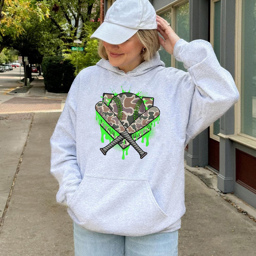 Baseball Camo Drip Hoodie | Neon Green Paint Splatter Graphic | Cotton Blend Sportswear | Baseball Gift for Players and Fans