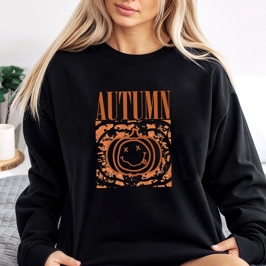 Autumn Pumpkin Sweatshirt | Retro Smiley Face Graphic | Premium Cotton Blend | Cozy Fall Apparel Gift for Men and Women