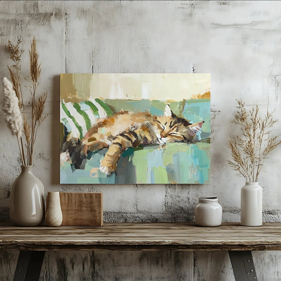 Sleeping Tabby Cat Wall Art | Impressionist Oil Painting Style | Premium 1.25 Inch Thick Canvas | Cozy Home Decor Gift For Cat Lovers