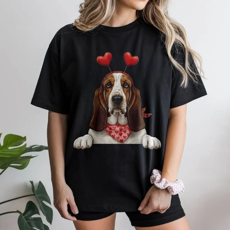 Basset Hound Valentine T-Shirt | Cute Heart Headband Dog Design | Premium Cotton Tee | Romantic Gift for Dog Moms & Pet Lovers