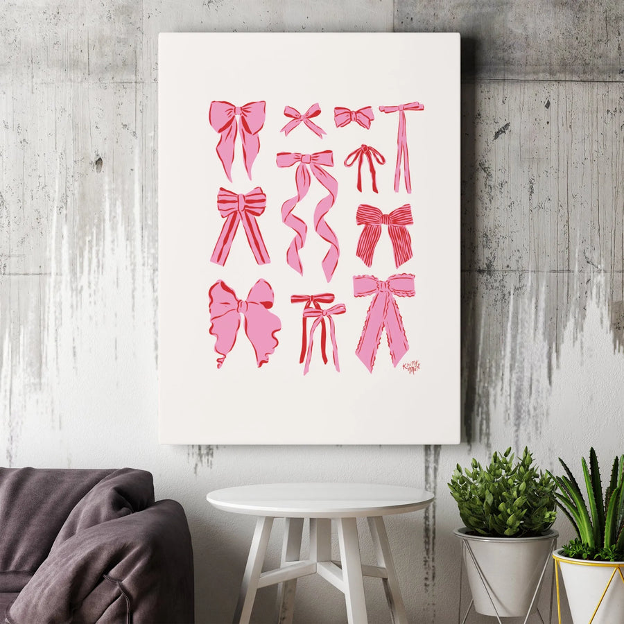 Pink Bows Canvas Wall Art | Coquette Aesthetic Ribbon Print | Premium Gallery Wrapped Canvas | Preppy Dorm Room Decor Gift for Her