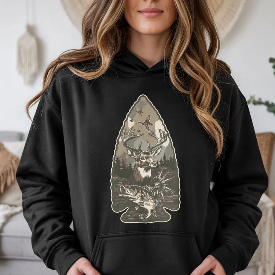 Hunting Hoodie for Men | Arrowhead Wildlife Graphic with Deer, Duck & Fish | Soft Cotton Blend | Gift for Hunter and Outdoorsman