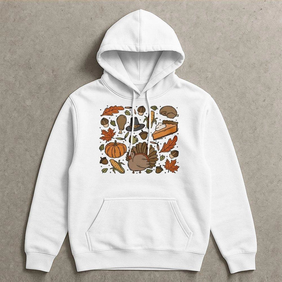 Thanksgiving Hoodie | Cute Fall Doodles Graphic Print | Premium Cotton Blend | Unisex Holiday Gift for Turkey Day Lovers