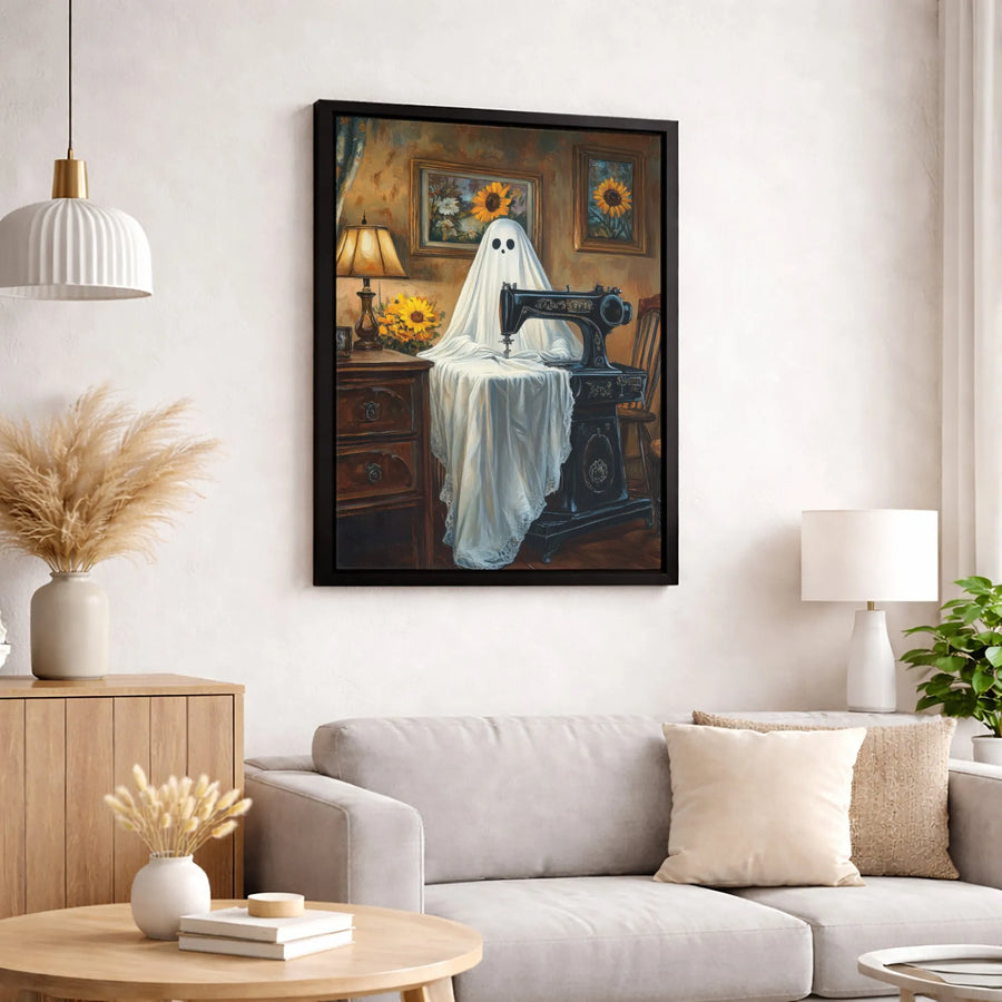 Ghost Sewing Sunflower Painting | Vintage Aesthetic Wall Art | Premium Gallery Wrapped Canvas | Whimsical Spooky Home Decor Gift