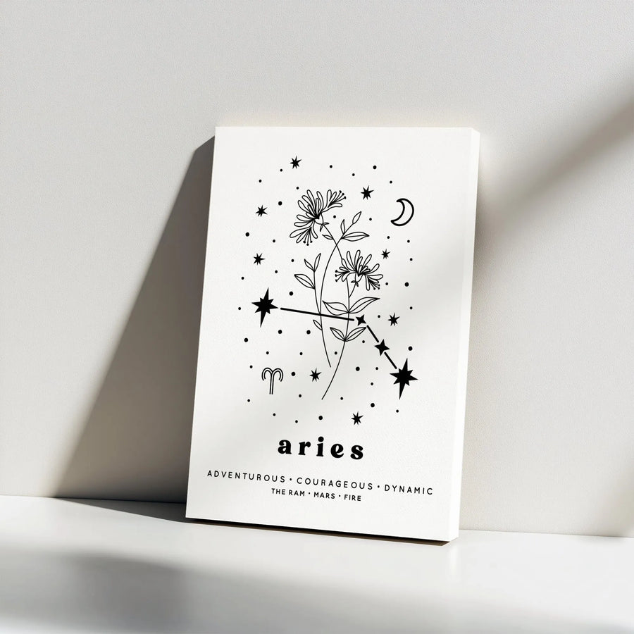 Aries Zodiac Canvas Print | Floral Constellation Line Art | Premium Gallery Wrapped 1.25" Canvas | Astrology Birthday Gift for Her