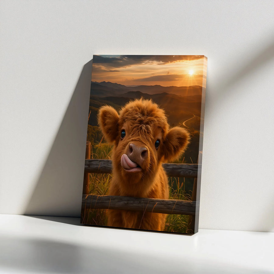 Cute Highland Cow Canvas Wall Art | Fluffy Baby Calf at Sunset Portrait | Premium 1.25" Gallery Wrap | Rustic Farmhouse Decor Gift for Animal Lovers