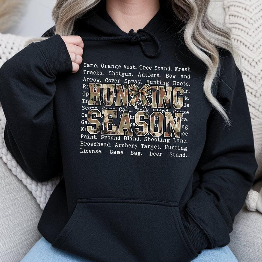 Hunting Season Hoodie | Camo Bow Aesthetic Graphic Print | Soft Cotton-Blend Premium Apparel | Outdoorsy Gift For Her