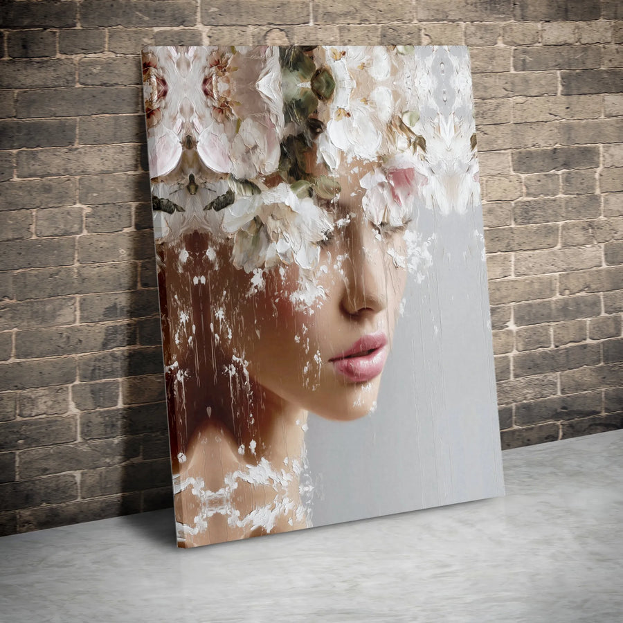 Abstract Floral Woman Canvas Art | Textured Flower Crown Portrait | Premium Gallery Wrap Canvas | Modern Living Room Wall Decor