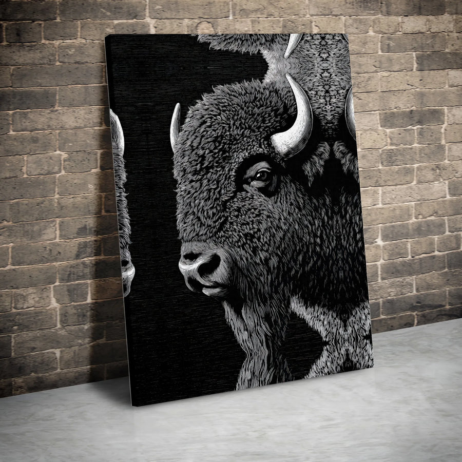 American Bison Canvas Wall Art | Rustic Woodcut Style Animal Portrait | Premium Fade-Resistant Gallery Wrap | Modern Farmhouse Home Decor Gift