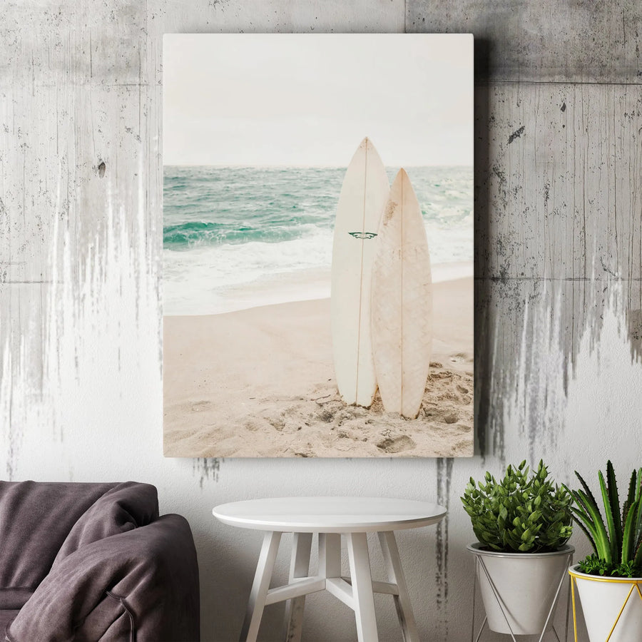 Surfboard Beach Vertical Canvas | Vintage Coastal Ocean Scene Print | Premium Gallery Wrap Wall Art | Coastal Home Decor Gift for Surfer