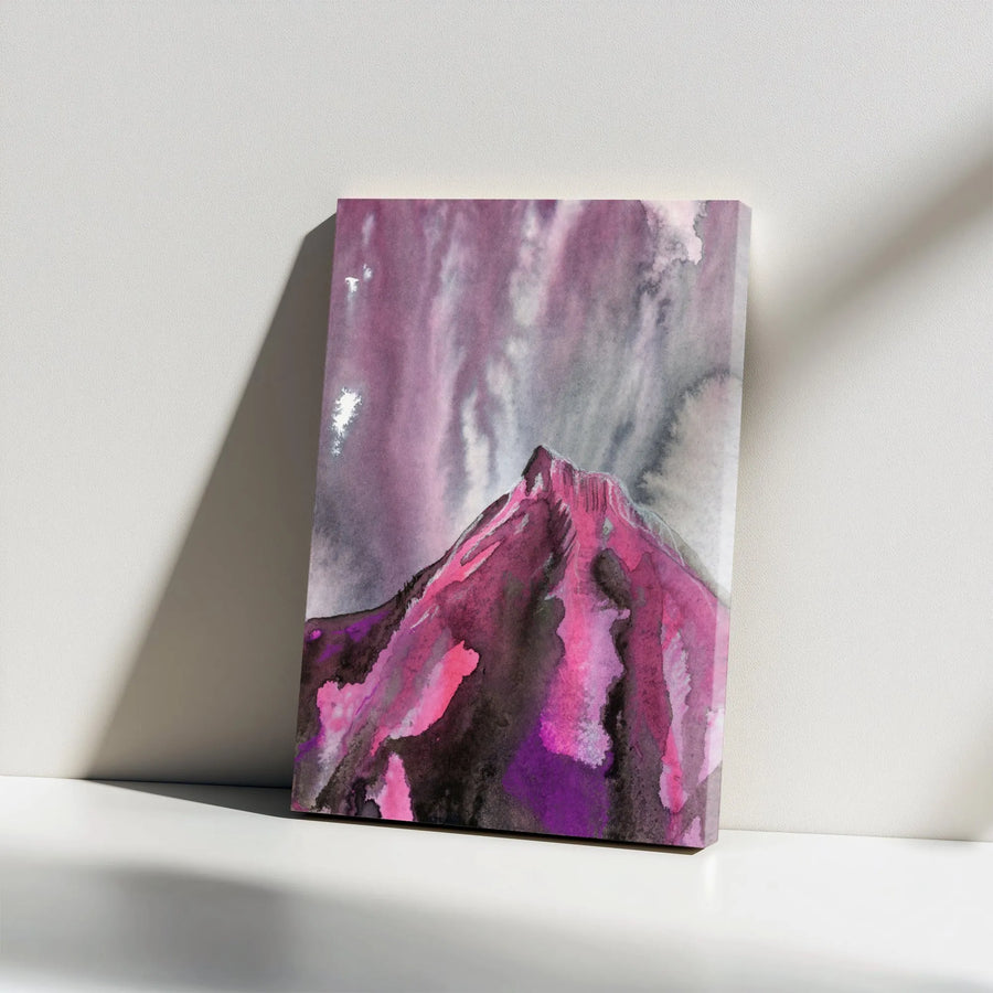 Mt Hood Mountain Watercolor Vertical Canvas | Abstract Purple and Magenta Peak Landscape Art | Premium 1.25" Gallery Wrapped Print | Pacific Northwest Nature Lover Gift