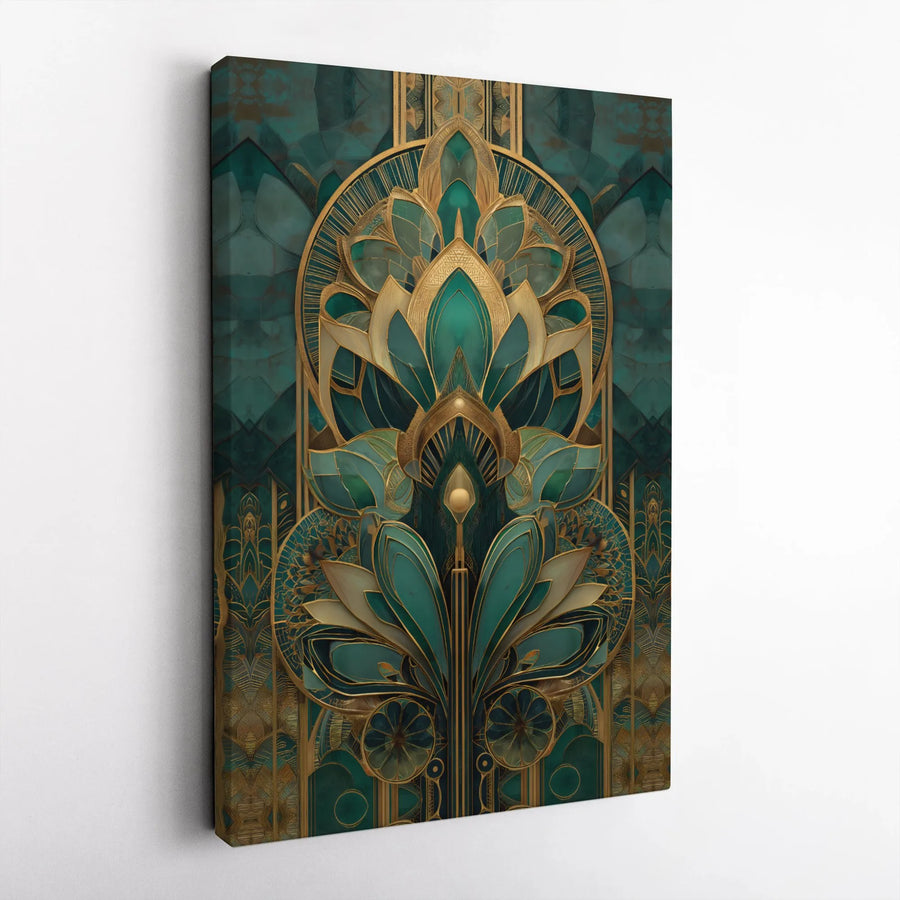 Art Deco Wall Art | Emerald Green and Gold Floral Geometric Canvas | Premium Gallery Wrap Print | Luxury Modern Home Decor