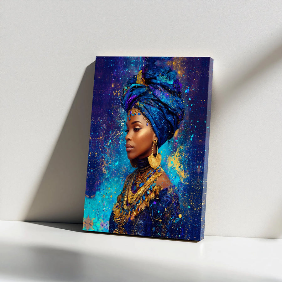 African Queen Canvas Art | Regal Galaxy Portrait with Blue Headwrap | Premium Gallery-Wrapped Wall Decor | Empowering Black Woman Art Print Gift