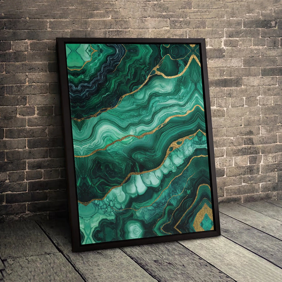 Emerald Green Malachite Wall Art | Abstract Agate With Gold Veins | Premium 1.25" Gallery Canvas | Elegant Home Office Decor