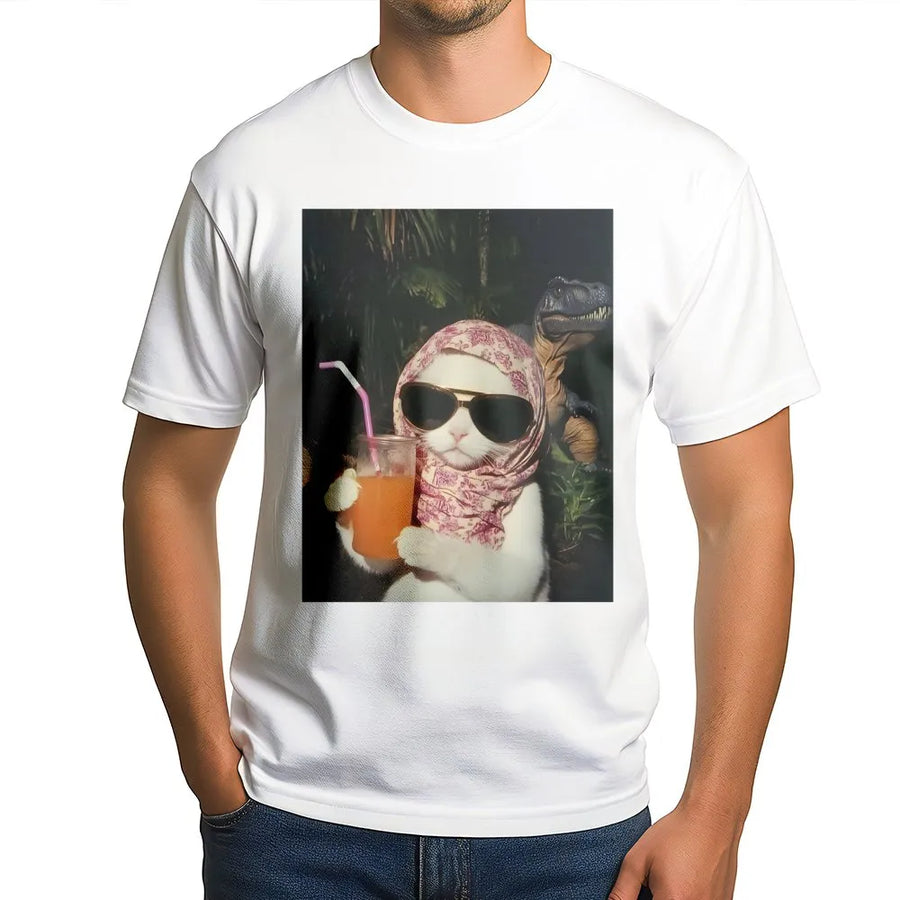 Chill Cat With Dinosaur Graphic Tee | Funny Retro Meme Aesthetic | Premium Soft Cotton Shirt | Gift For Cat Lovers & Gen Z Trendsetters