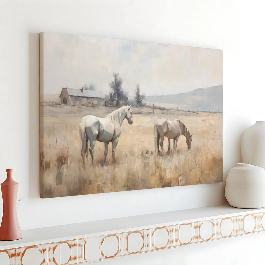 Horse Landscape Canvas Wall Art | Rustic Farmhouse Meadow Scene | Premium Gallery Wrap Print | Neutral Aesthetic Decor for Farmhouse Living Room