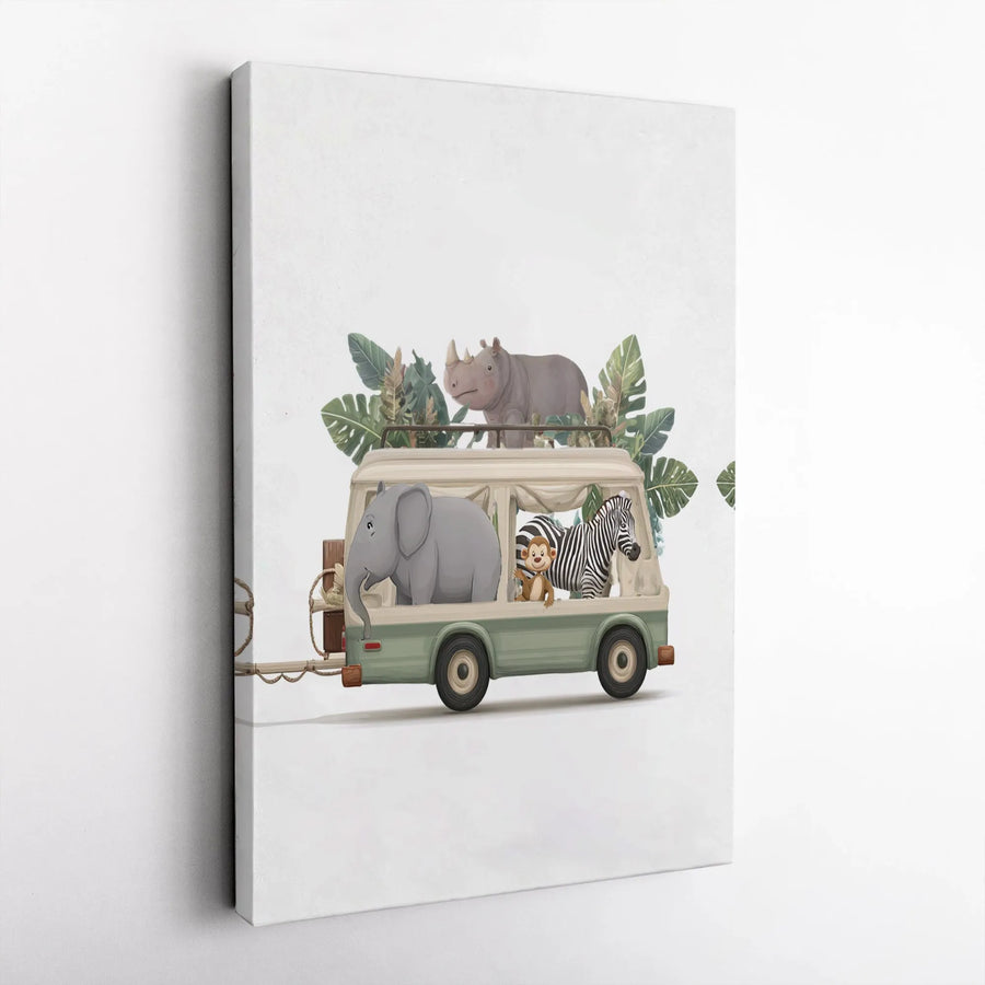 Safari Animals Canvas Wall Art | Whimsical Jungle Jeep Adventure Print | Premium Gallery Wrapped Canvas | Nursery & Kids Room Decor Gift