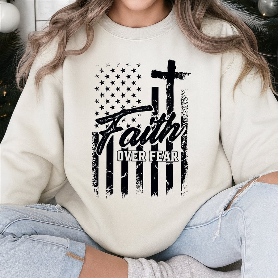 Faith Over Fear Sweatshirt | Patriotic American Flag Cross Graphic | Premium Cotton Blend Unisex Crewneck | Christian Apparel Gift for Men and Women