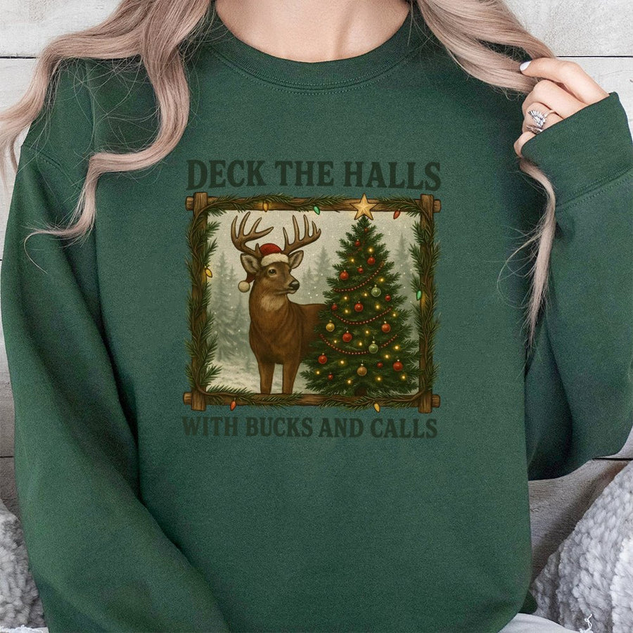 Deck The Halls With Bucks And Calls Sweatshirt | Funny Hunting Deer Christmas Graphic | Premium Cotton Blend Crewneck | Christmas Gift For Hunters