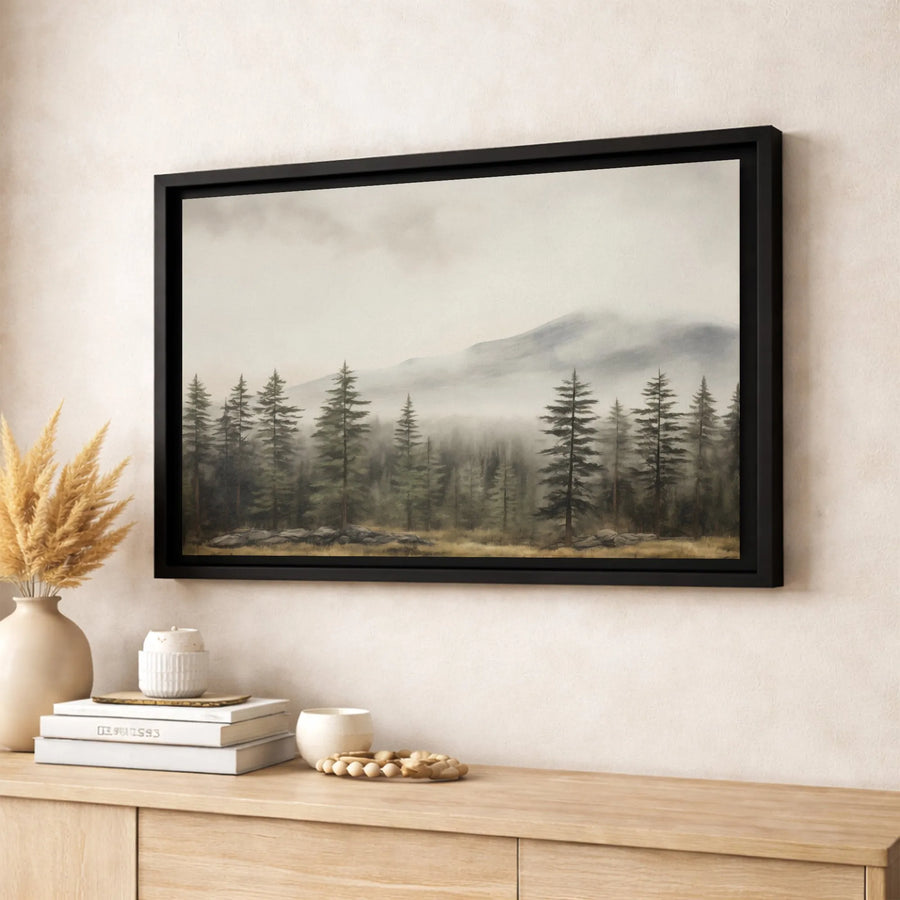Foggy Mountain Forest Canvas Wall Art | Misty Pine Trees Landscape | Premium Gallery Wrapped Print | Modern Minimalist Home Decor Gift