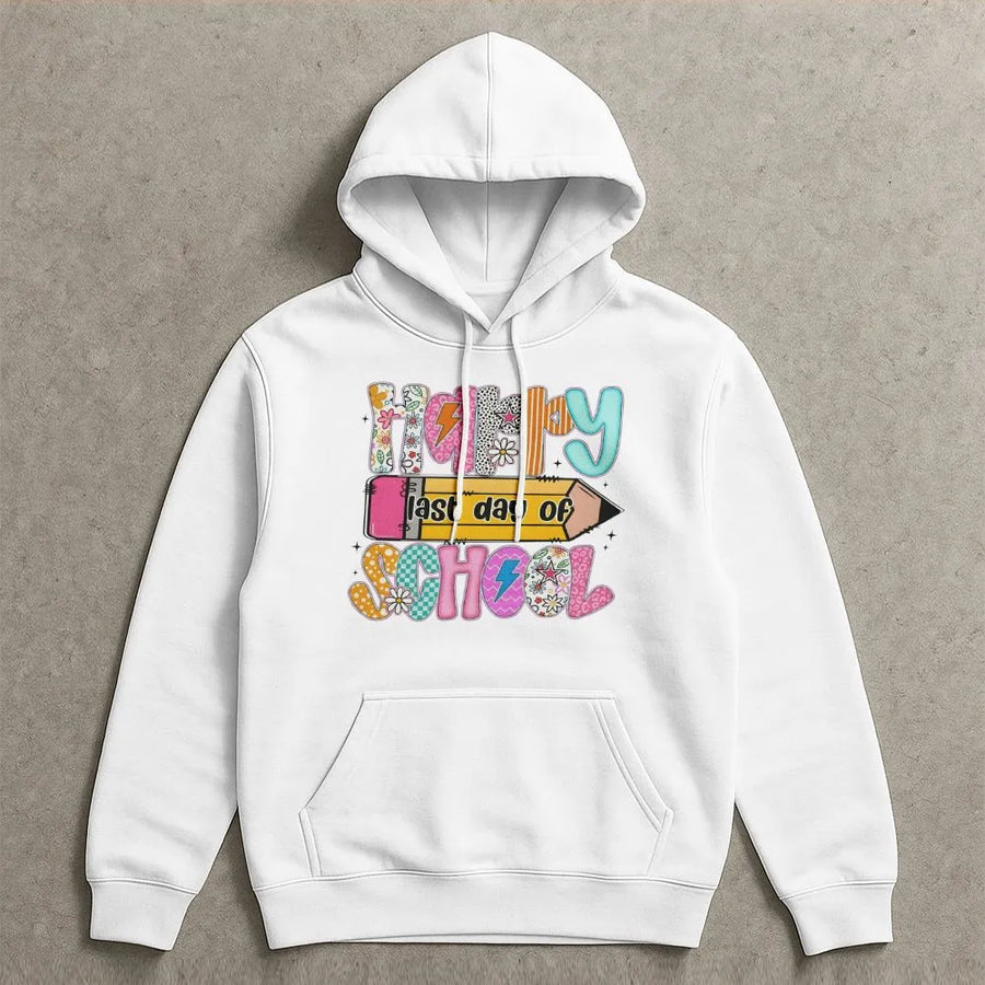 Happy Last Day of School Hoodie | Colorful Retro Graphic Sweatshirt | Premium Cotton Blend | End of Year Gift for Teacher