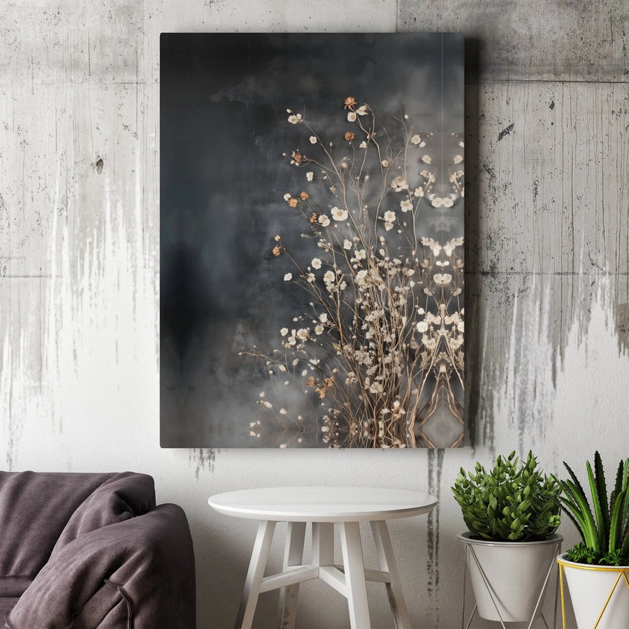 Dried White Wildflowers Canvas | Moody Botanical Wall Art | 1.25 Inch Premium Gallery Profile | Modern Minimalist Home Decor Gift