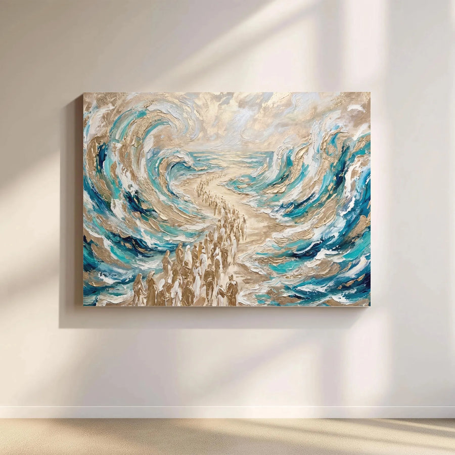 Parting of the Red Sea Horizontal Canvas | Abstract Textured Gold & Teal Waves Art | Premium 1.25 Inch Gallery Wrap | Inspirational Christian Home Decor Gift