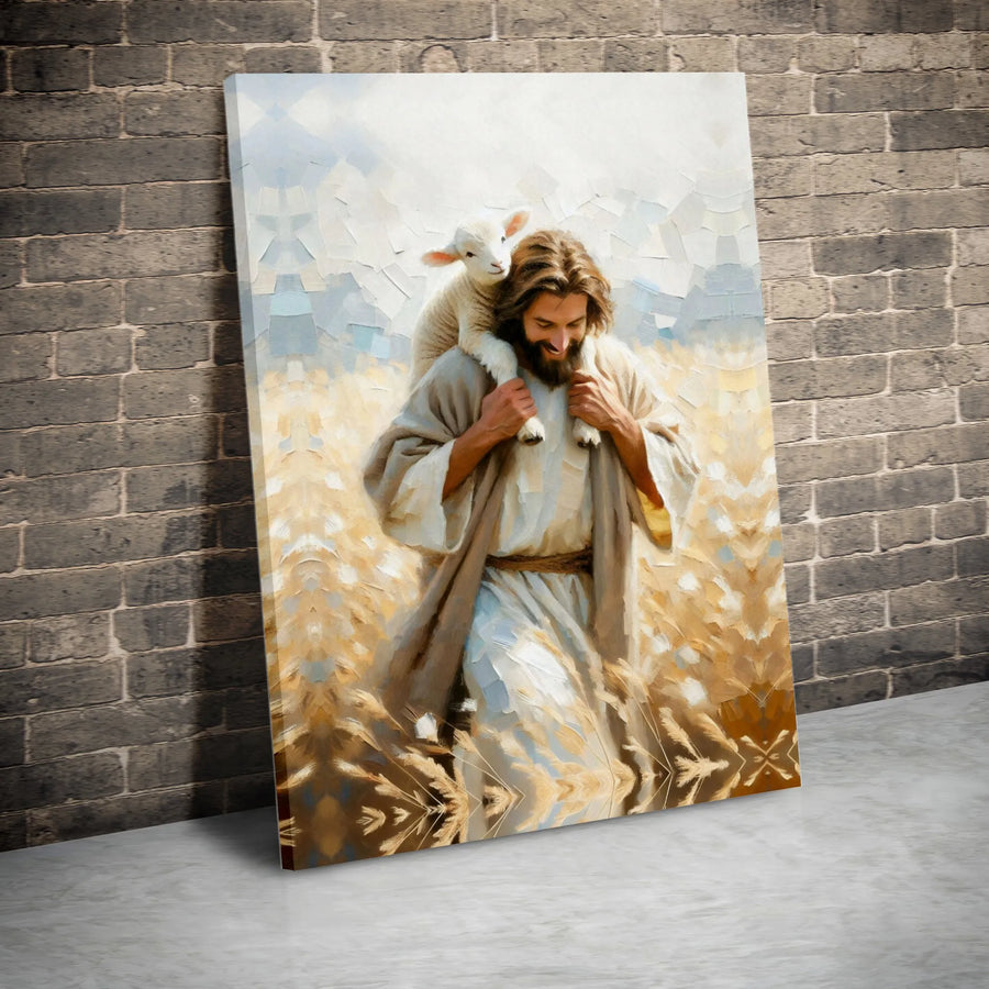 Jesus Good Shepherd Canvas Print | Carrying Lamb Painting | 1.25" Premium Gallery Profile | Religious Home Decor Gift for Christians
