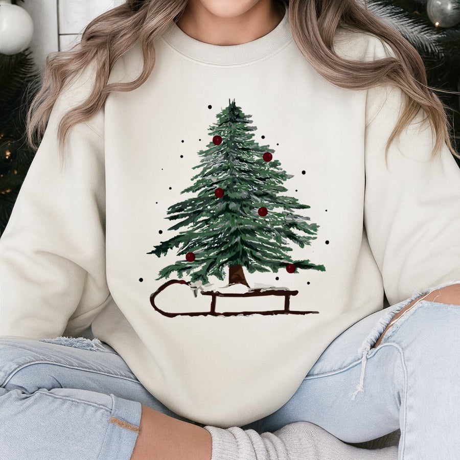 Christmas Tree Sweatshirt | Festive Winter Sleigh Graphic | Premium Cotton-Poly Blend | Cozy Holiday Gift for Women and Men