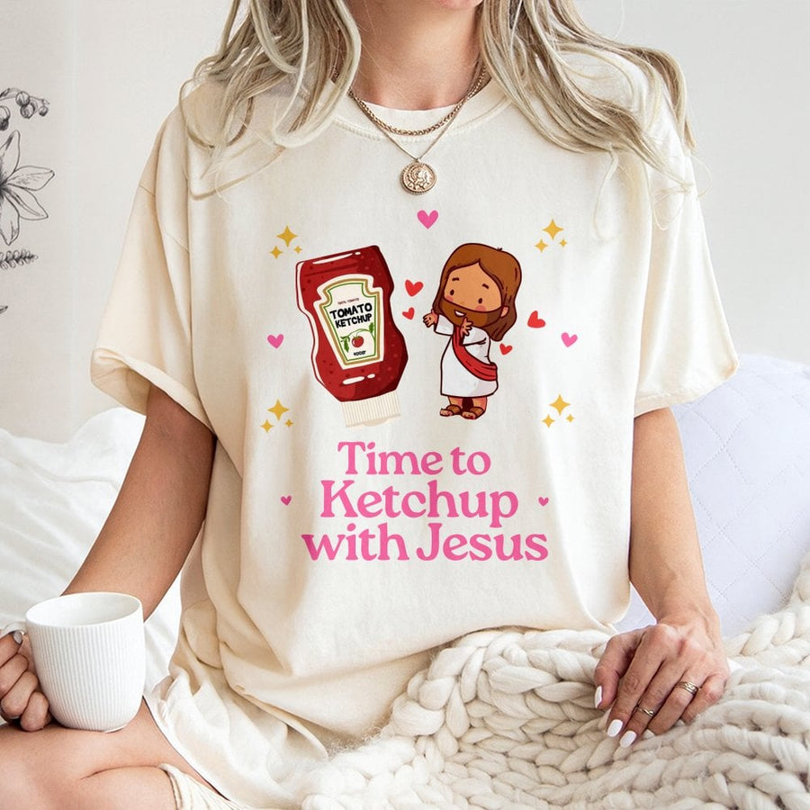 Time to Ketchup With Jesus T-Shirt | Funny Religious Pun Graphic | Premium 100% Cotton Tee | Cute Christian Gift for Men and Women