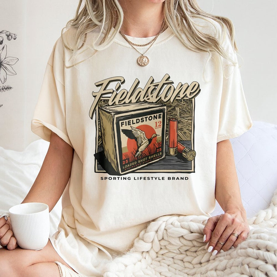 Fieldstone Duck Hunting T-Shirt | Vintage Ammo Box Graphic | 100% Cotton Premium Tee | Outdoorsman Sporting Gift for Him
