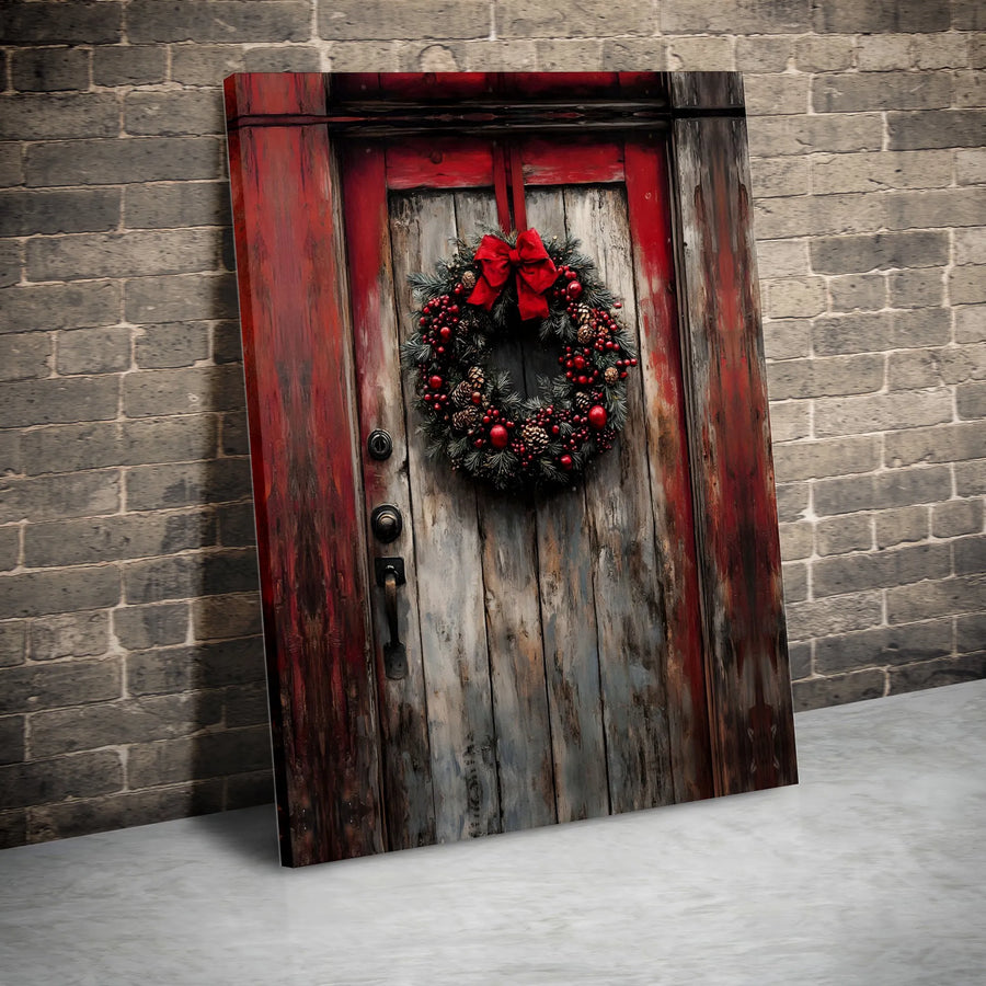 Rustic Christmas Door Canvas Wall Art | Red Wreath Farmhouse Print | Gallery Quality 1.25” Thick | Festive Holiday Home Decor Gift