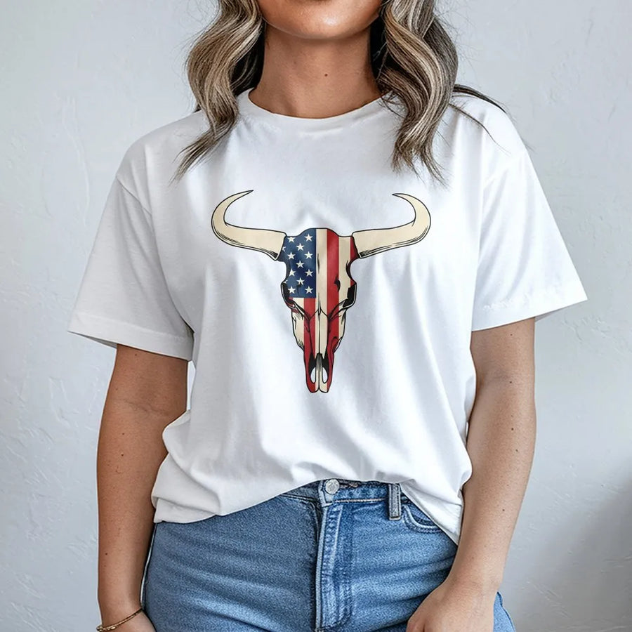 American Flag Bull Skull T-Shirt | Patriotic Western Cowboy Graphic | 100% Cotton Premium Tee | Country Ranch Gift For Men Women