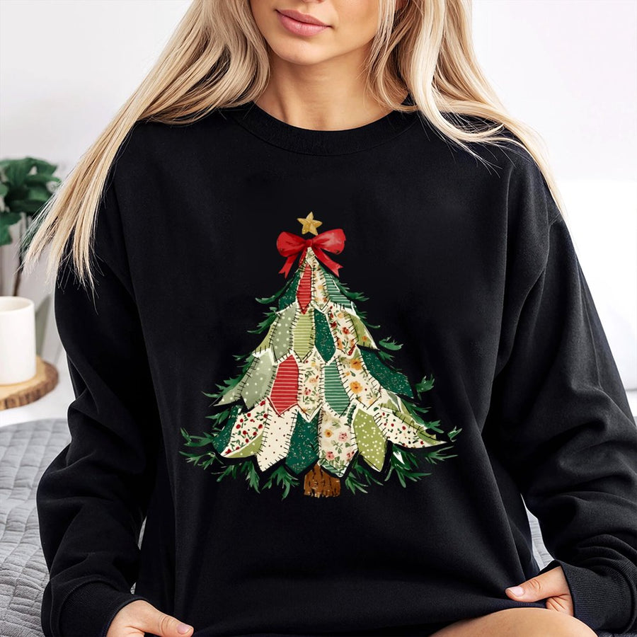 Christmas Patchwork Tree Sweatshirt | Vintage Quilt Style Design | Premium Cotton-Poly Blend | Cozy Holiday Gift for Women and Men