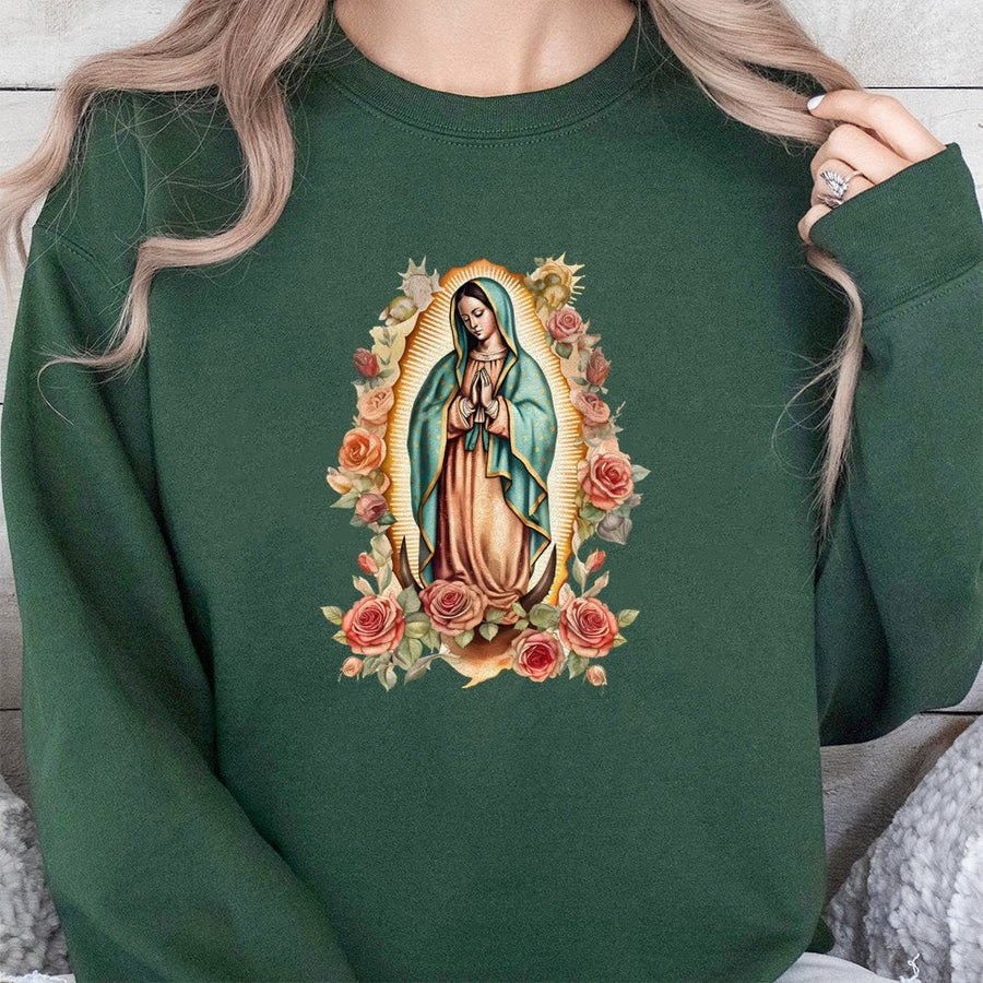 Our Lady of Guadalupe Sweatshirt | Floral Virgin Mary Religious Design | Premium Cotton Blend | Christian Catholic Gift for Women and Men