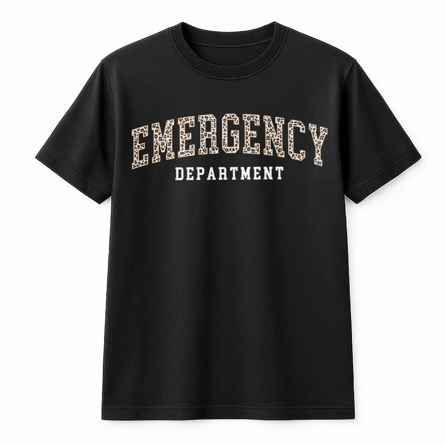 Emergency Department Shirt | Leopard Print Collegiate Text Tee | Soft Cotton | Gift for ER Nurse, Nursing Student, Paramedic