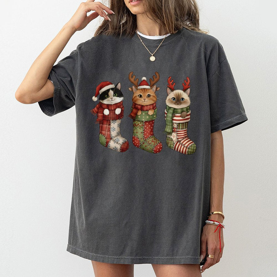 Christmas Cat Stocking T-Shirt | Cute Kitten Holiday Graphic | Premium 100% Cotton Tee | Festive Gift for Cat Lovers