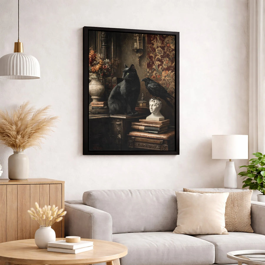 Black Cat and Raven Wall Art | Dark Academia Library Aesthetic | Premium Fade-Resistant Canvas | Gothic Home Decor Gift for Book Lovers