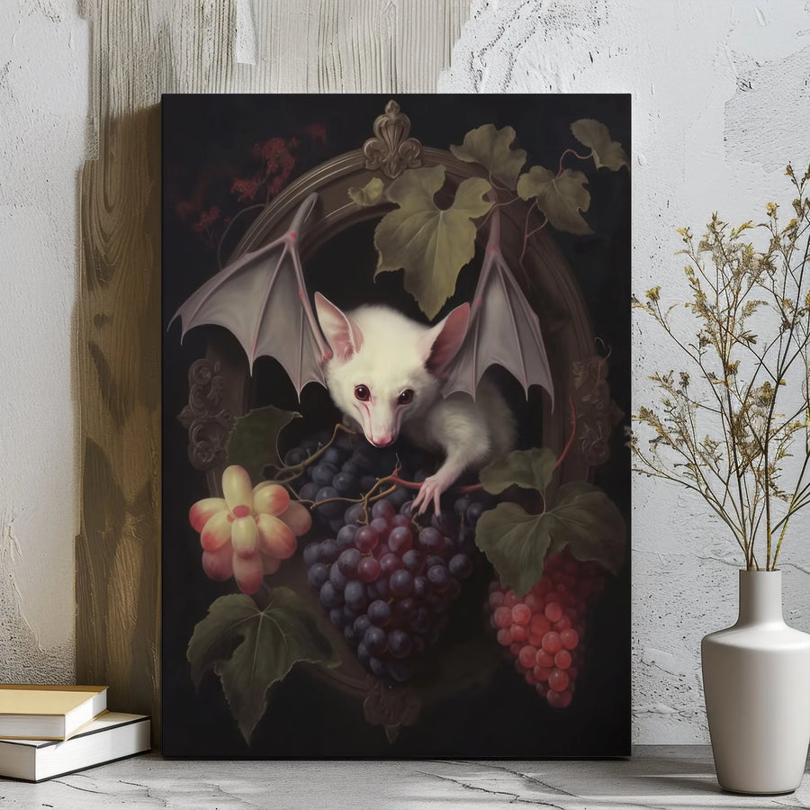 Gothic Albino Bat Canvas Wall Art | Still Life Fruit Painting | Premium Gallery Wrapped Decor | Dark Academia Gift for Bat Lovers