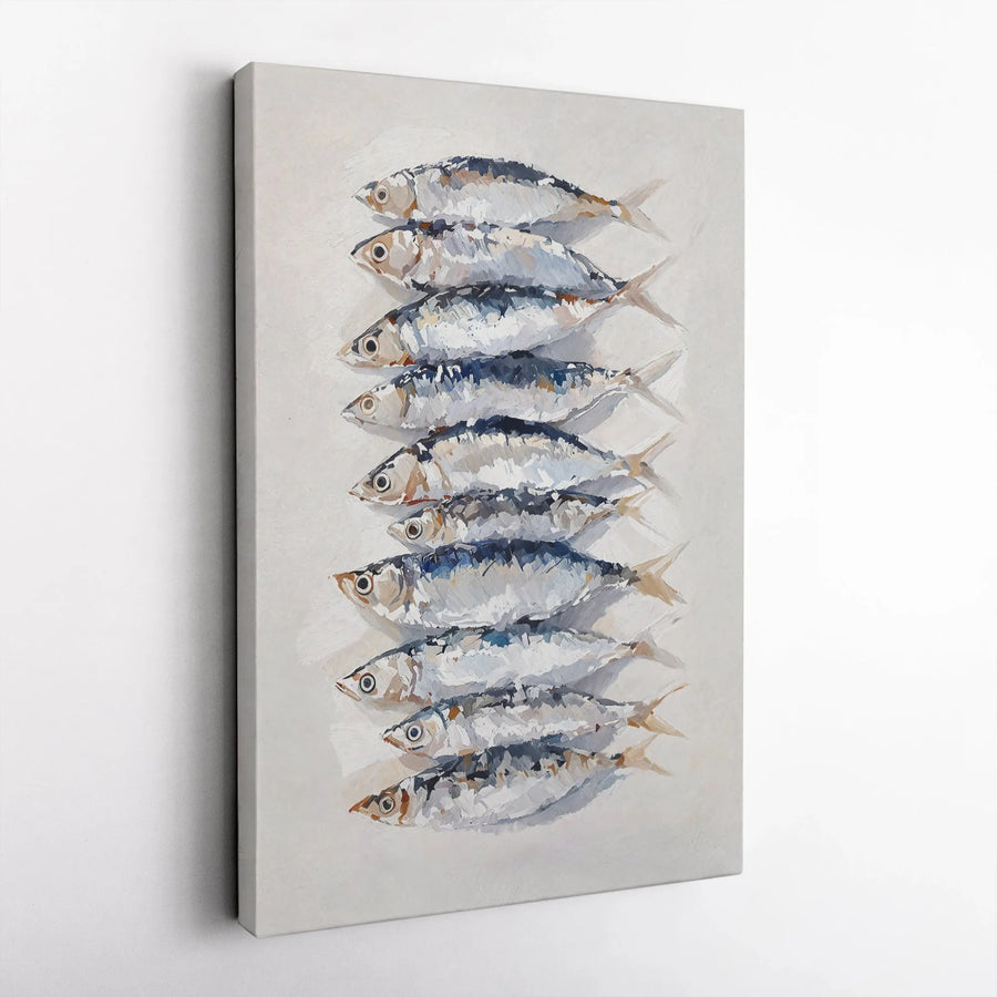 Sardine Fish Wall Art | Coastal Impasto Oil Painting Style | Premium 1.25" Gallery Canvas | Kitchen Decor Gift for Seafood Lovers