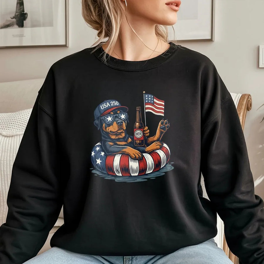 Patriotic Rottweiler Sweatshirt | Funny USA 250 American Flag Graphic | Premium Unisex Pullover | Gift for Patriotic Dog Lover